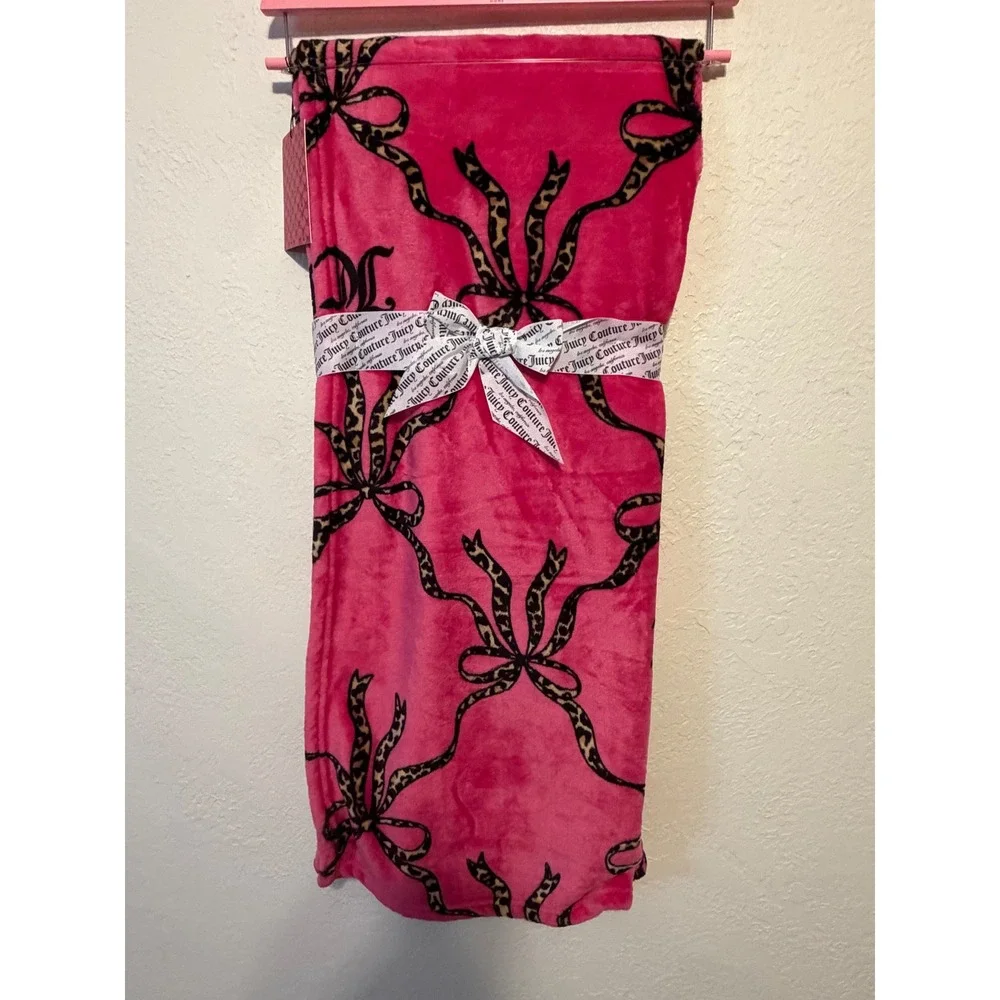 Juicy Couture Pink Leopard Bow Plush Printed Throw Blanket 50x60 Twin NWT